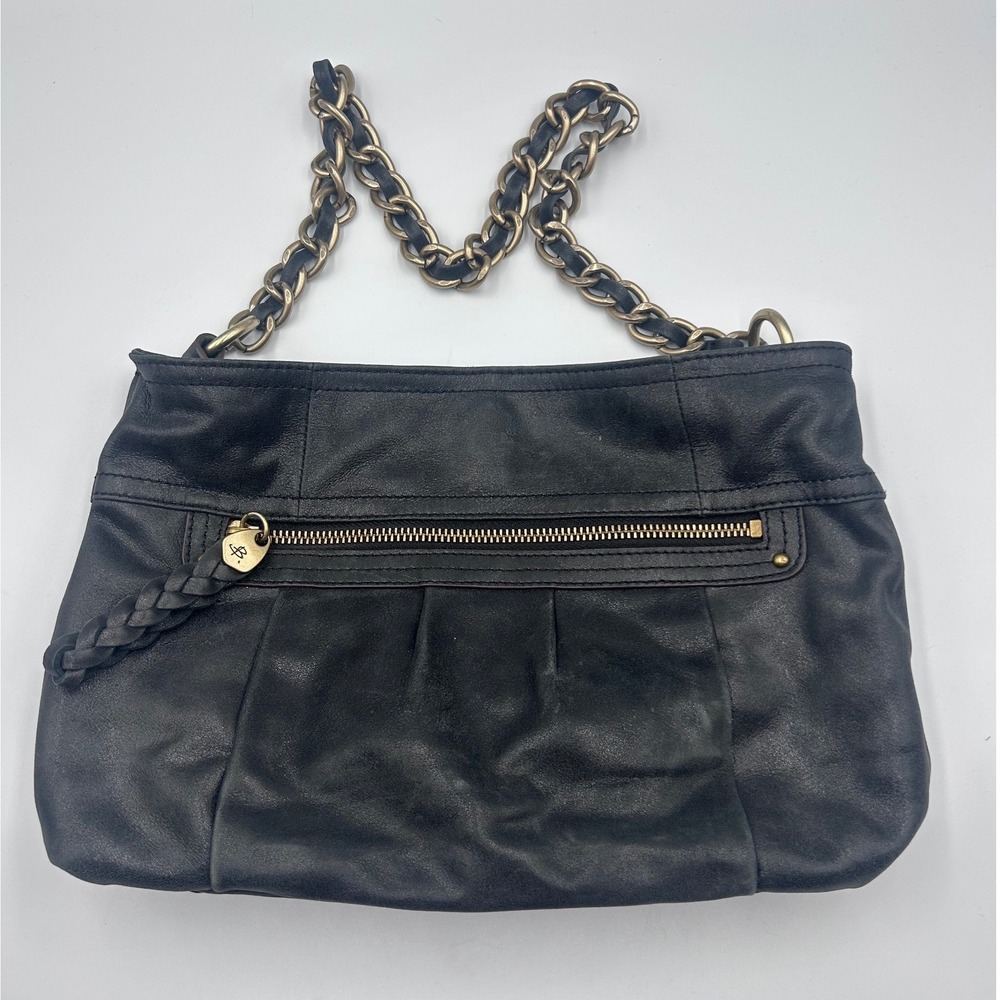B Makowsky Black Leather Shoulder Bag Leopard Lining Brass Chain
